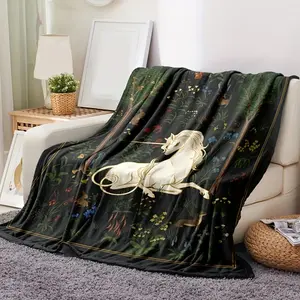 Cute Cartoon Jungle Unicorn Flannel Blanket Multiple Sizes Soft Warm Casual for Home Office Outdoor Adults Kids Perfect Gift