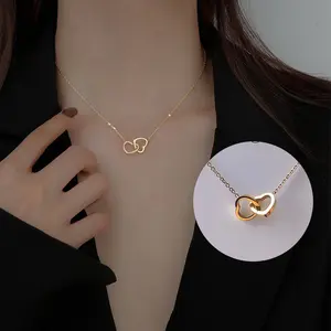 18K Rose Gold Double Circle Necklace, Korean Style Minimalist Dainty Layered Pendant, Non Tarnish Titanium Steel, Waterproof Hypoallergenic Jewelry for Daily Wear Gift for Her