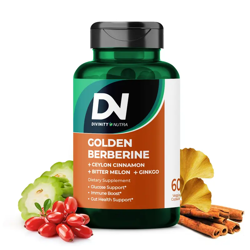 DN 1/2/3 Packs 4-in-1 Golden Berberine Supplement 1500mg, Glucose Support, with Ceylon Cinnamon Bitter Melon Ginkgo, Support Gut Health, Metabolism, Wellness, 60 Capsules, Divinity Nutra