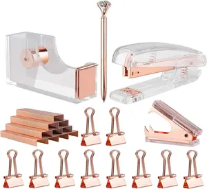 Rosegold Desk Accessory Kit,Set of Stapler, Staple Remover,1000pcs Staples,Tape Dispenser,Big Diamond Ballpoint Pen and 10pcs Binder Clips