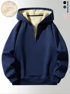 Men's Fleece Lined Hoodie, Casual Warm Comfortable Fitted Long Sleeve Half-Zip Pullover, Solid Color Fall Versatile Hooded Sweatshirt