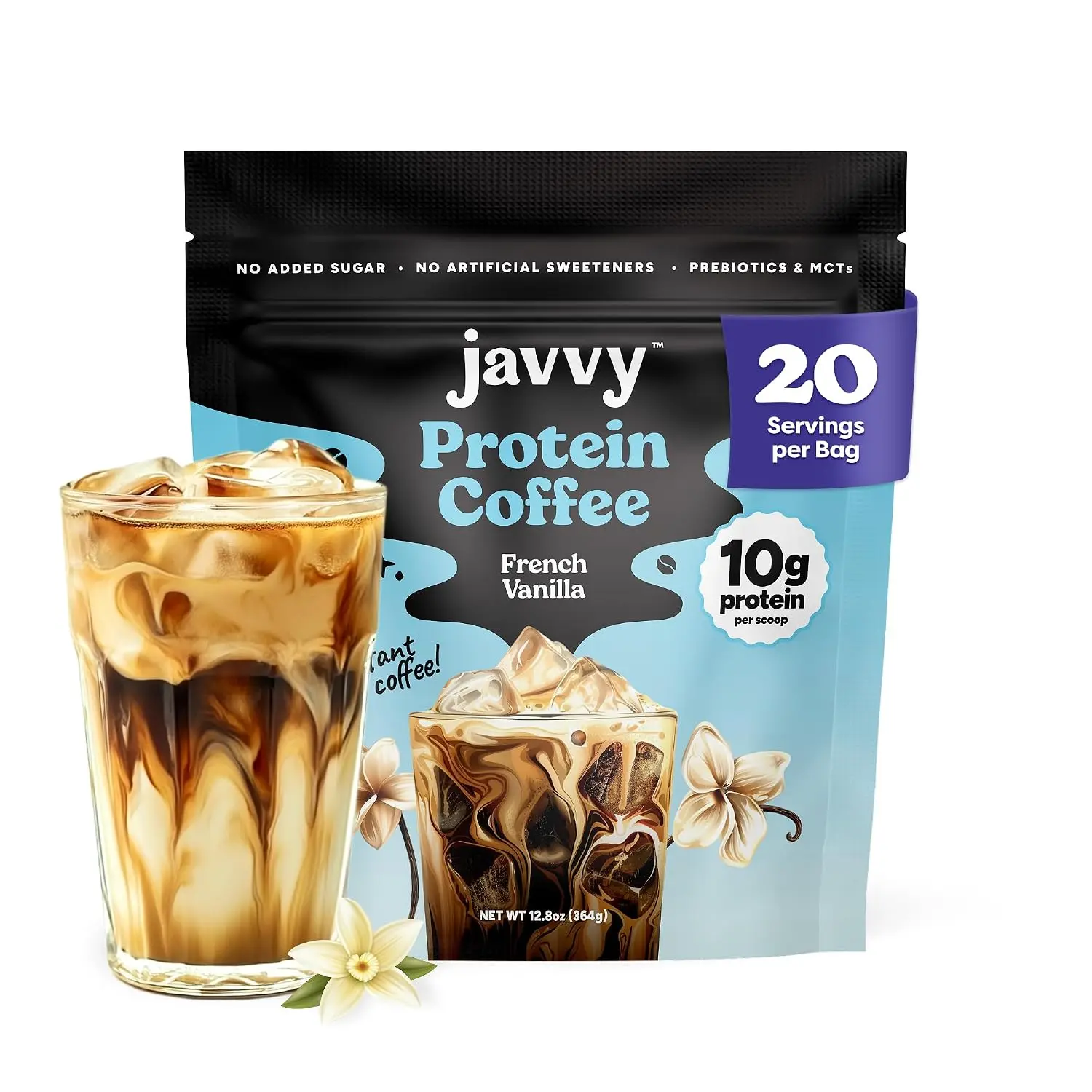 Javvy Protein Cold Brew & Iced Coffee Mix, French Vanilla Bean Flavor - 10g Whey Protein, 100% Natural Cold Brew, 0 Artificial Flavors & Sweeteners, No Added Sugar, 80mg Caffeine