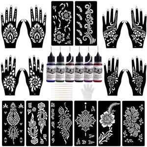 Mixed Color Vibrant Vivid Semi-permanent Tattoo Kit, Cosmetic 1 Set Long-lasting Temporary Tattoo Ink Gel & Sheets Stencils & Disposable Gloves & Accessories, Body Art Kit for Women & Men