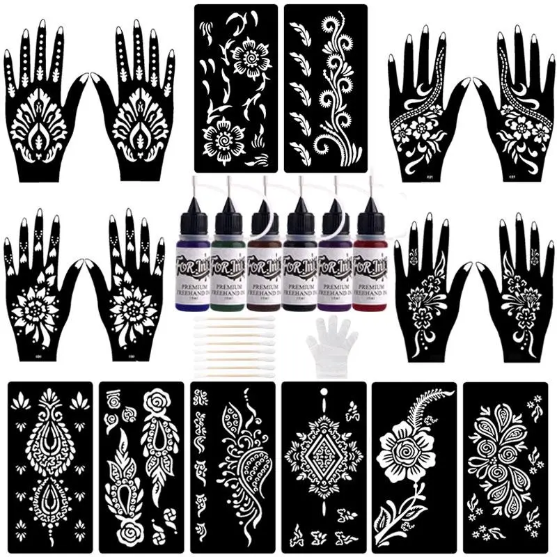1 Set Mixed‑Color Vibrant Semi‑permanent Tattoo Kit, Cosmetic Long‑Lasting Tattoo Ink Gel & Stencil Sheets & Disposable Gloves & Accessories, Body Art Kit for Women & Men Tattoo Supplies