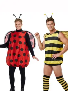 Men's Ladybug & Bee Costume Set - Red Polka Dot Ladybug Tunic with Wings & Antennae + Yellow Black Striped Bee Tunic with Wings & Leg Warmers