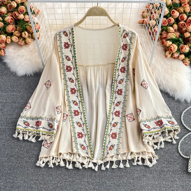 Boho Embroidered Shawl Top | Lightweight Beach Cover Up | Festival & Vacation Kimono for Women