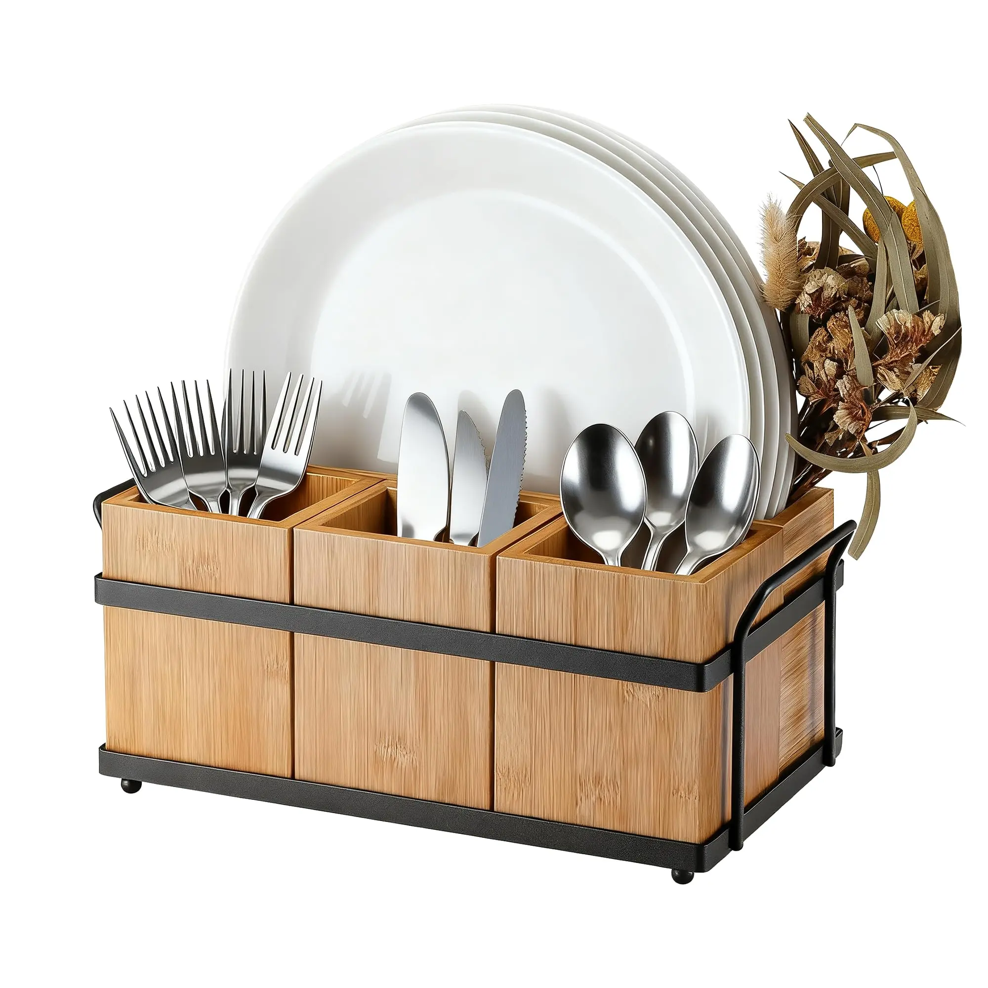 Garvee Bamboo Utensil Holder with 4 Detachable Compartments and Metal Tray, Wooden Flatware Silverware Caddy Organizer for Kitchen, Camping, Picnic, and Buffet Use