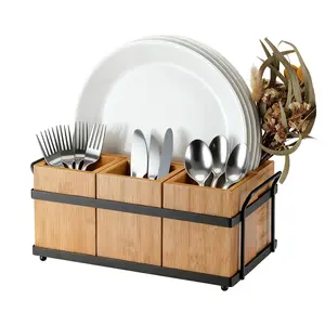 Garvee Bamboo Utensil Holder with 4 Detachable Compartments and Metal Tray, Wooden Flatware Silverware Caddy Organizer for Kitchen, Camping, Picnic, and Buffet Use