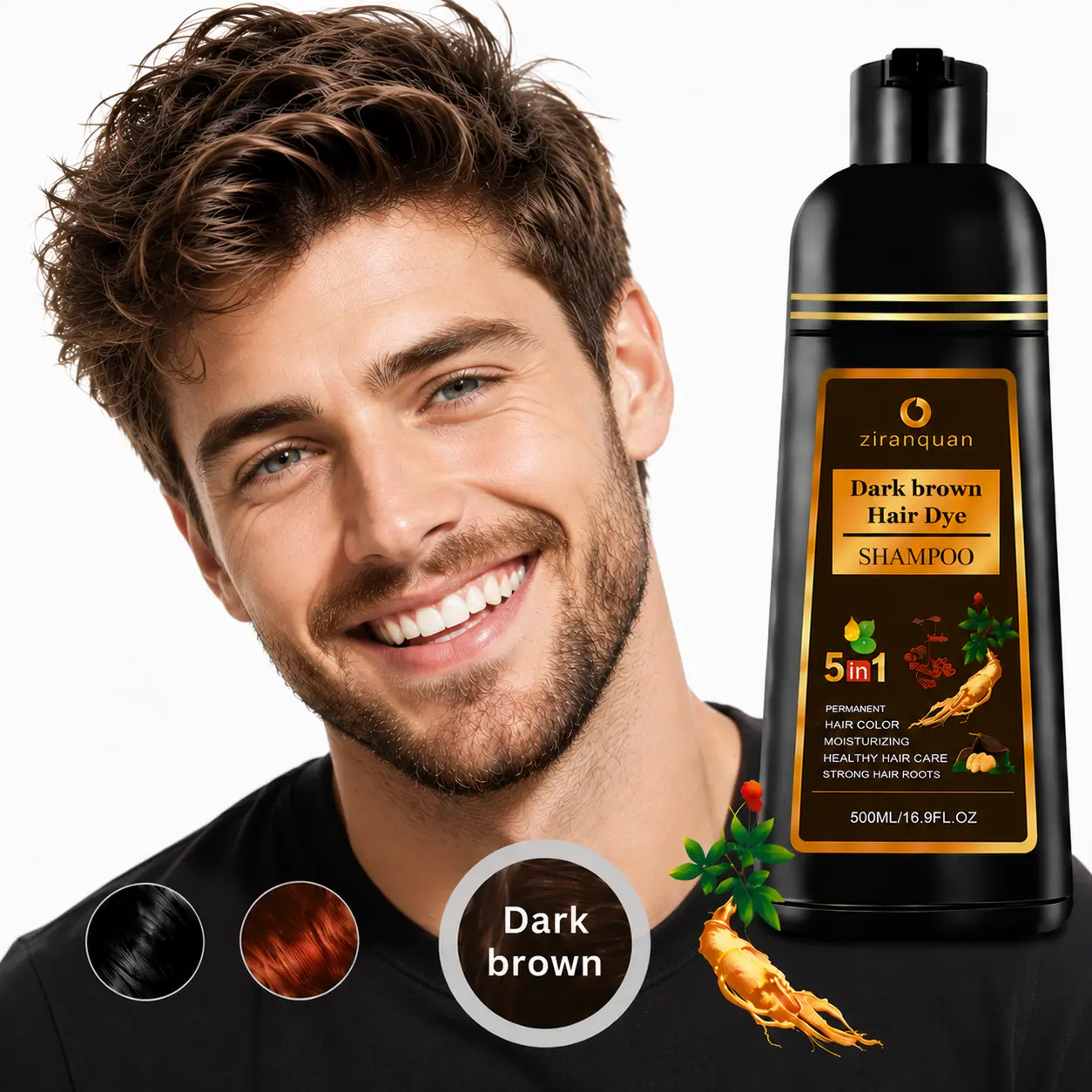 Dark Brown Hair Dye Shampoo 5-in-1 for Gray Hair Coverage, Herbal Ginseng Extract Formula, Instant 10-15 Min At Home Salon Color, Ammonia-Free & PPD-Free Color Depositing Shampoo & Conditioner for Men Women, Beard Dual Use 500ml 16.9fl oz, Hair Care, Appl