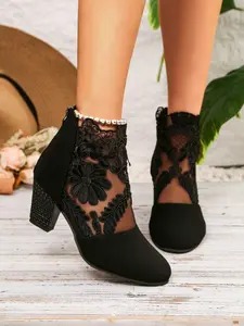 Fashion Women's Shoes, Women’s Lace Mesh Heeled Boots - Elegant Cut-out Pointed Toe Chunky Heels for Spring Streetwear Footwear