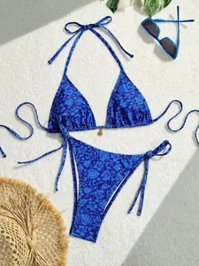 Women's Blue Textured Triangle Bikini Set, Halter Neck Tie Design, Sleeveless Thong Bottoms, Perfect for Beach Vacation & Pool, Floral Bikini Bottom