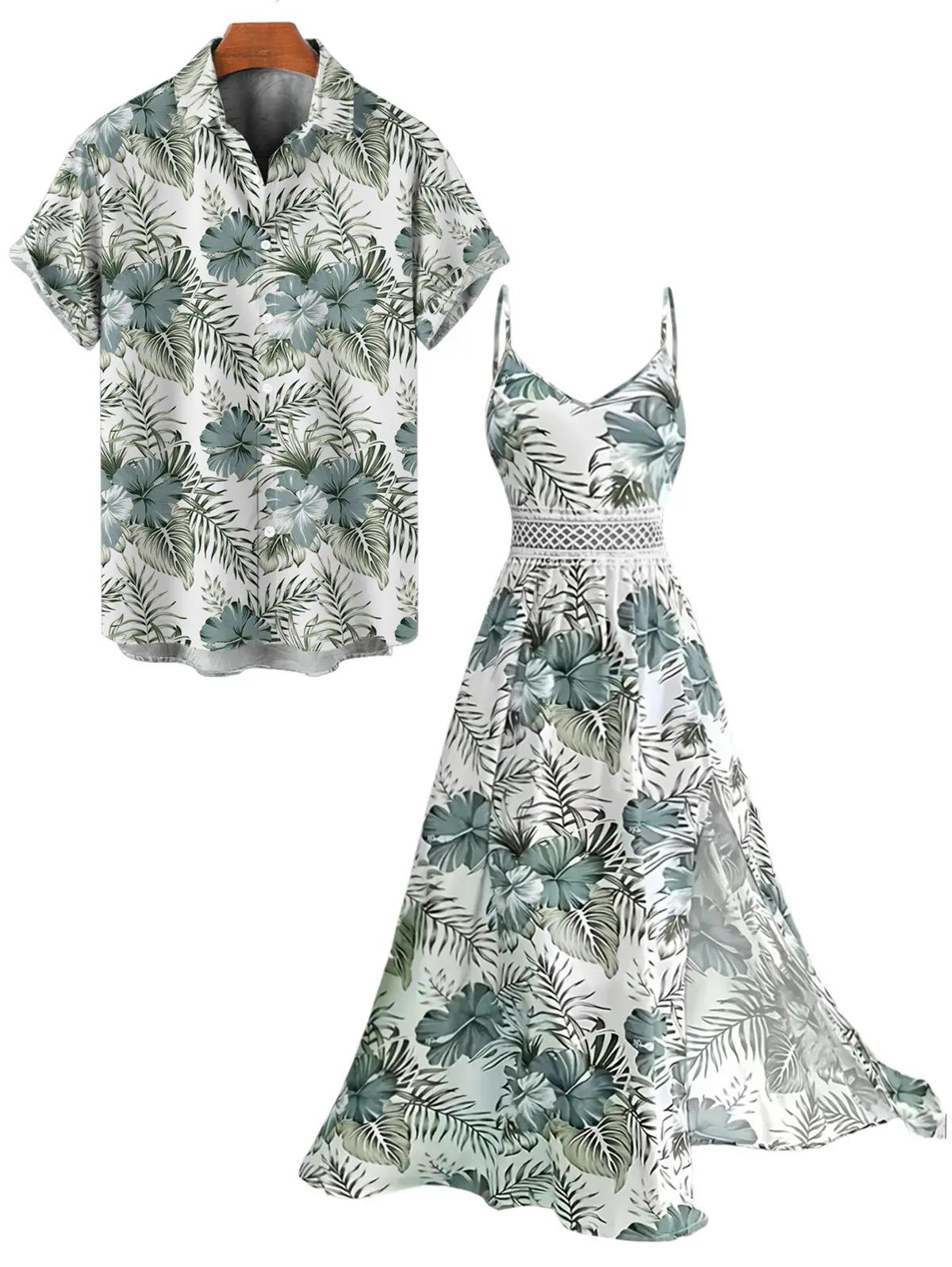 2026 Vacation Couple Outfit Hibiscus Floral Leaf Pattern Geometric Lace Panel Hollow Out Long Dress and Button Up Shirt Casual Matching Outfit beachwear