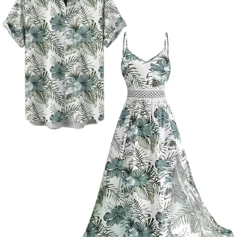 2026 Vacation Couple Outfit Hibiscus Floral Leaf Pattern Geometric Lace Panel Hollow Out Long Dress and Button Up Shirt Casual Matching Outfit beachwear
