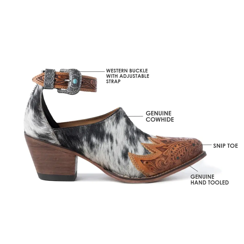 Women's Zora Canyon Mules - Western Snip Toe Slip-On Heels in Genuine Hair-On Hide Leather, Hand-Tooled for Everyday Casual Wear, Open Toe Mules, Black And White, Foam Cushioned, Concho Statement, Slipon Ease, Rubber, Mule Shoe, Footwear
