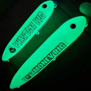 The Glow 2 Pack: Money Rig (13cm) on 8/0 white glow hook and Phantom (11cm) on white glow 6/0 hook, tied with 80 pound  blue and 100 pound yellow mono leader lines