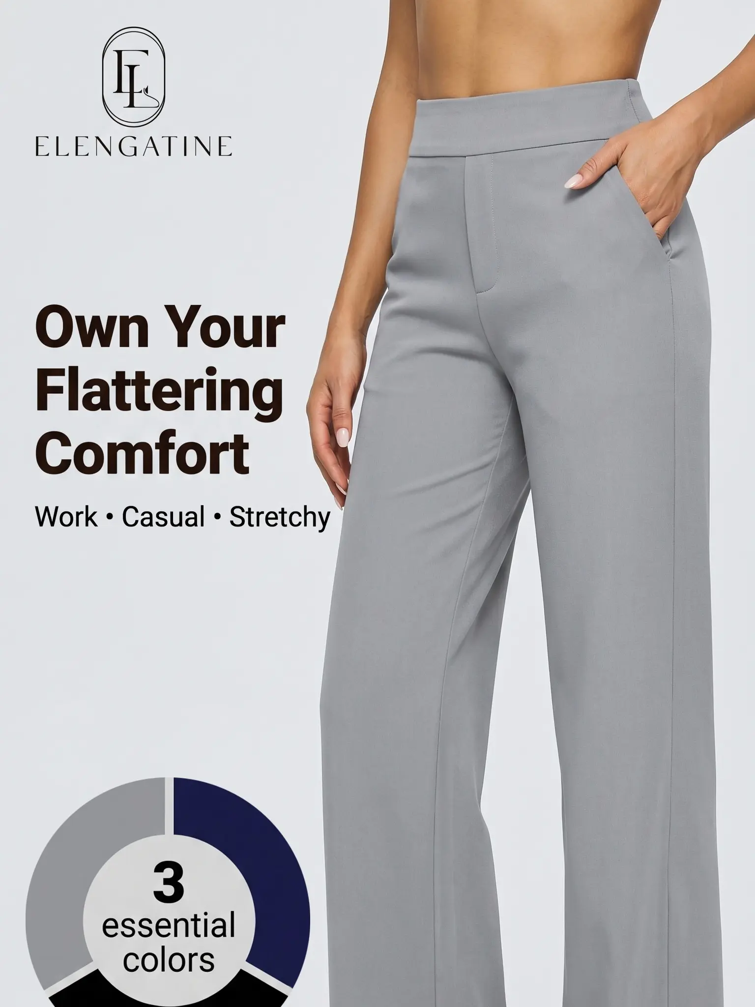 Elengatine Women High Waisted Wide Leg Pants with Pockets, Stretchy Pull On Dress Yoga Pants, Comfortable Straight Leg Casual Trousers for Work Business Casual, Soft Flowy Lounge Pants for Travel, Daily Wear, Office & Street Style