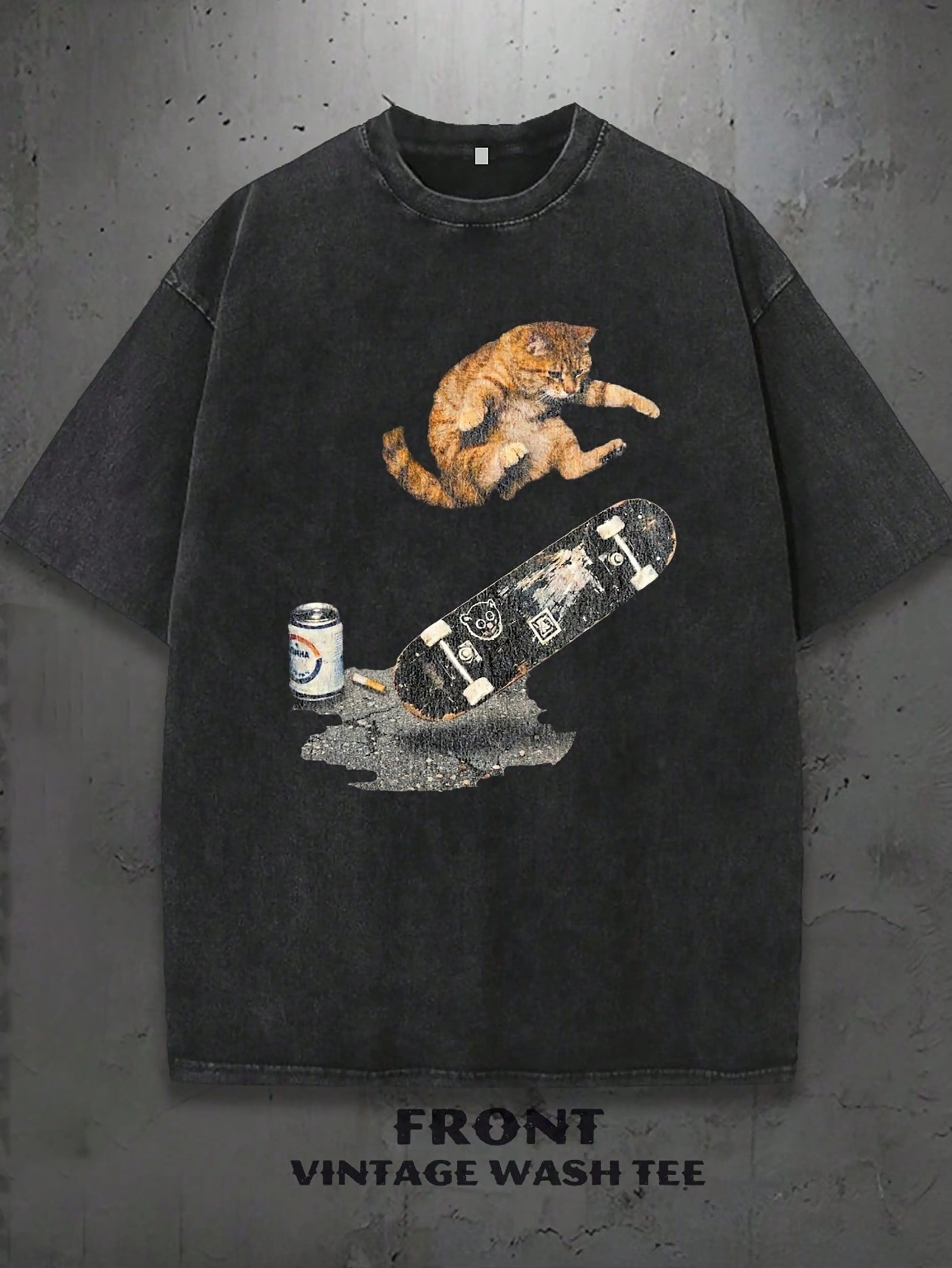 Mens Clothes;Summer TopsPlus-Size Vintage Washed T-Shirt, Cat Skateboard Can Ground Shadow Graphic T-Shirt, Loose Fit, 230g Pure Cotton Men's T-Shirt, A Surprise Gift Forsummer Outfits D9SJ