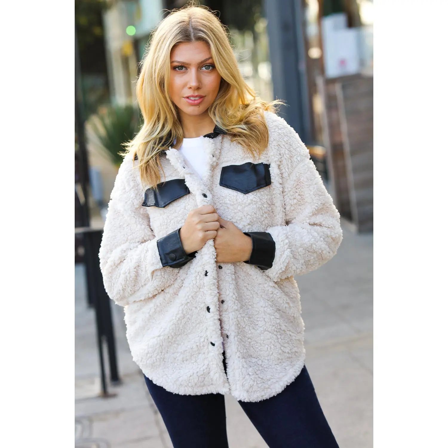 Feeling Bold Ivory Sherpa Fleece Faux Leather Jacket