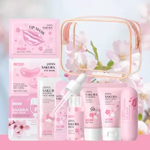 LAIKOU Japan Sakura 9in1 Portable Travel Skin Care Set, Daily Sun Protection, Hydrating & Moisturizing Kit, Perfect for Travel, Vacation & Daily Use