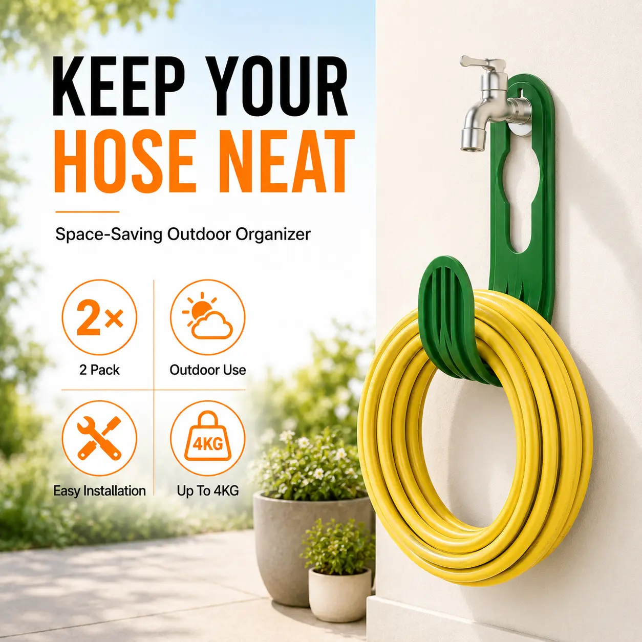 Heavy Duty Wall-Mount Garden Hose Hanger, 4KG Load Capacity Water Pipe Hook Bracket, Space-Saving Easy-Install Organizer for Garden, Patio