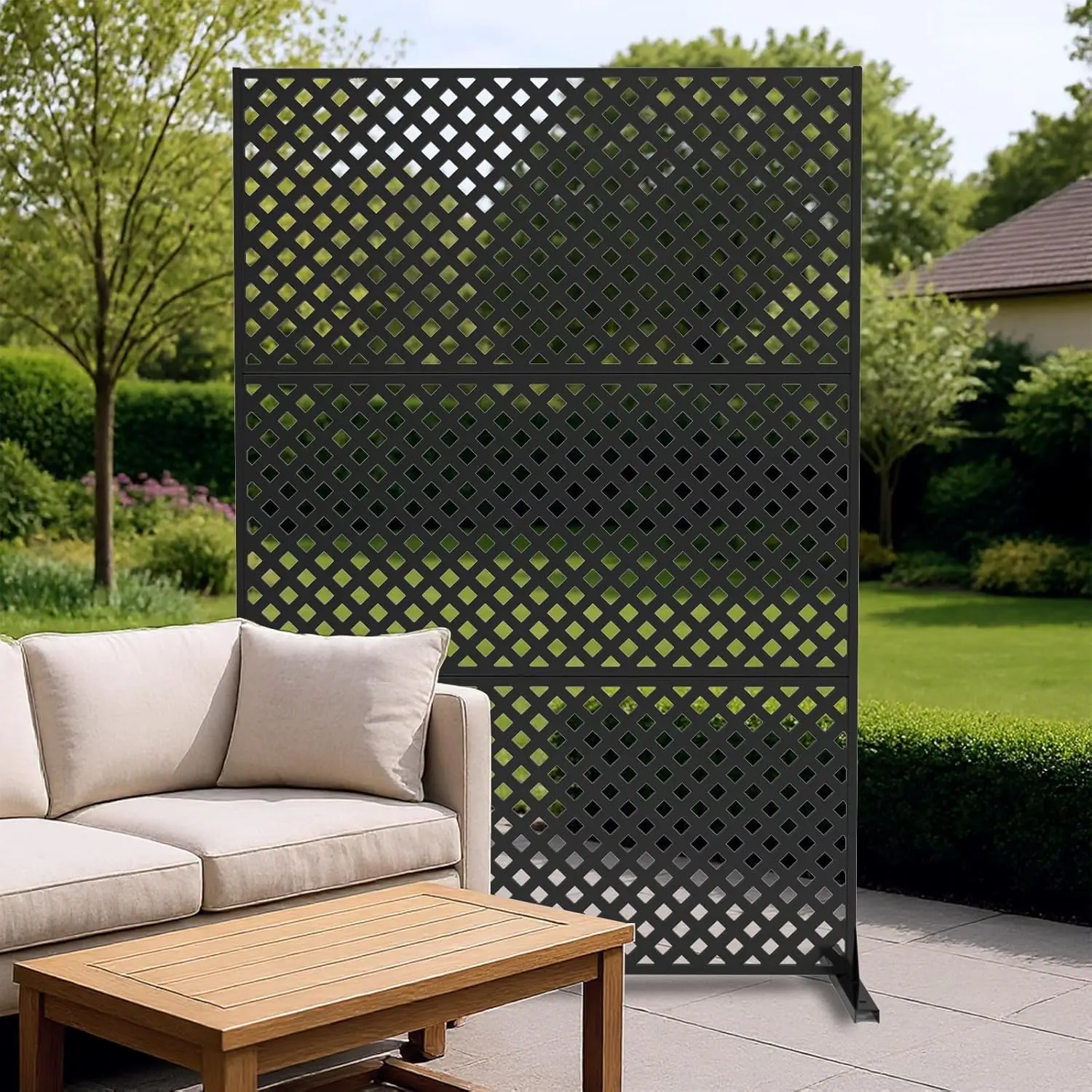 Gaomon 72x47in Galvanized Laser-Cut Metal Balcony Privacy Screen - Freestanding Modern Rustproof Frame Patio Divider, Tool-Assisted Artistic Cuts, Stable Stand, Decorative Apartment Outdoor Rain Guard Panel for Small Spaces