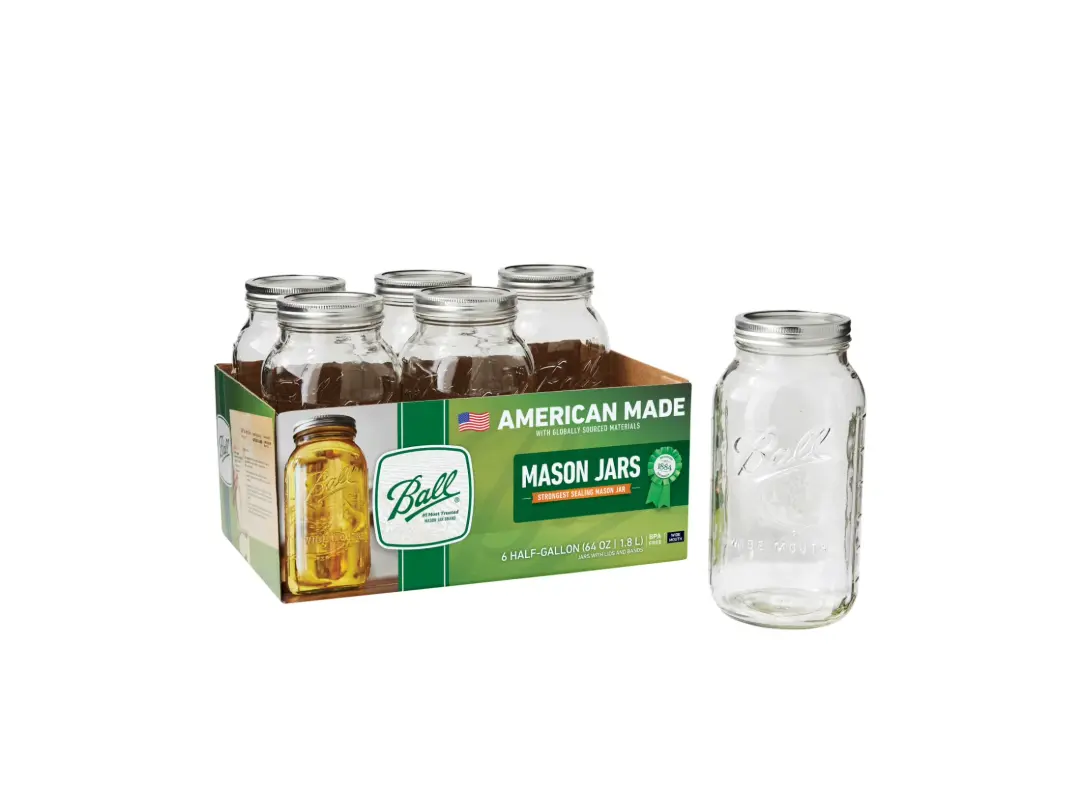 64 oz Wide Mouth Glass Mason Jars with Lids & Bands, 6 Count