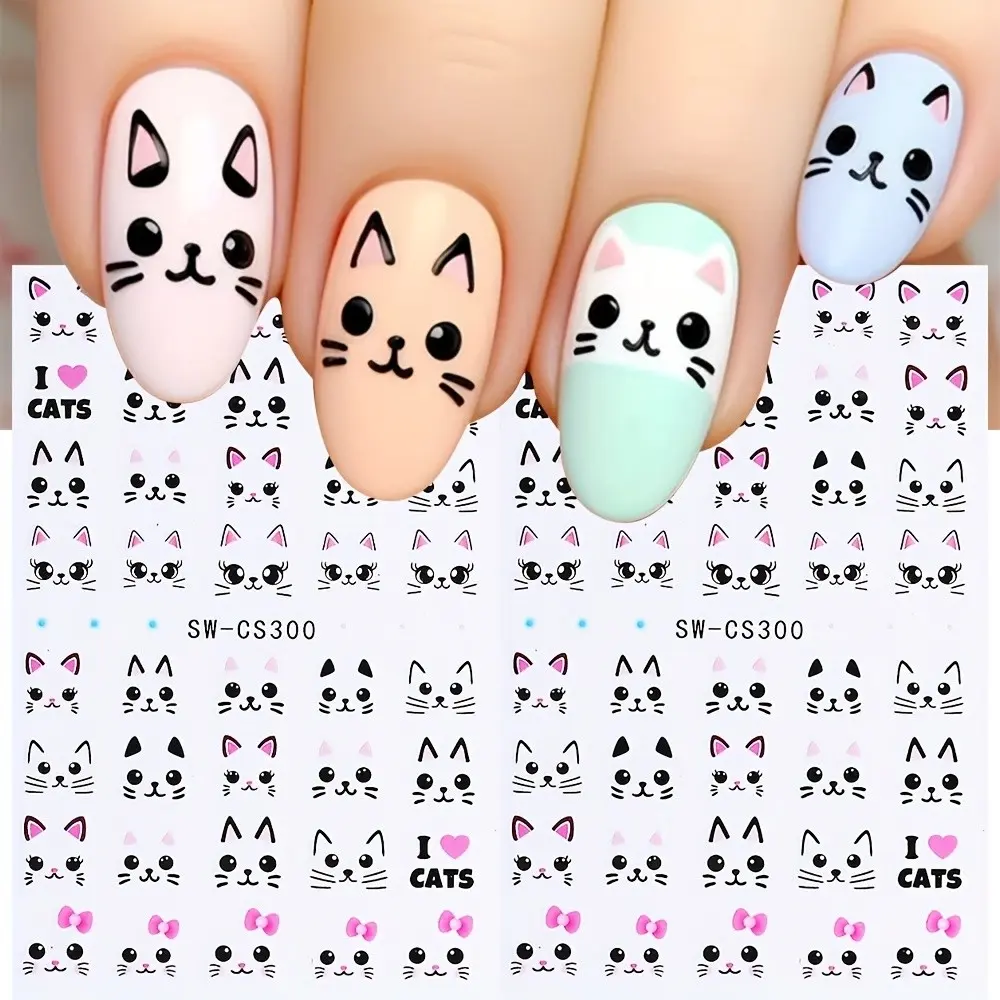 2pcs Cute Kitten Nail Art Stickers, Kawaii Nails Cartoon Cat DIY Self-Adhesive Decals, Perfect for Women and Girls Manicure Decorations