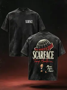 FEEGO Men's 100% Cotton Scarface Graphic T-Shirt - 2-Sided Design with Tony Montana Iconic Image, The World is Yours Print, Shortleeve, Round Neck Top, Fashion Y2K Streetwear Gift for Movie Fans