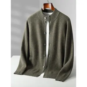 Men’s Thick Sweater, 100% Merino Wool Knit Cardigan, Cashmere Buttons, Coat, Autumn/Winter, Mock Neck, Pockets, Casual Clothing Top