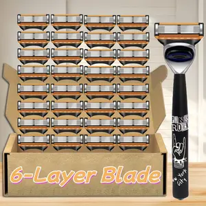 New Men's Shaving Razor Set, 1 Handle and 24-48 Replacement Blades, 6 Layer Stainless Steel Blades, Washable Whole Machine