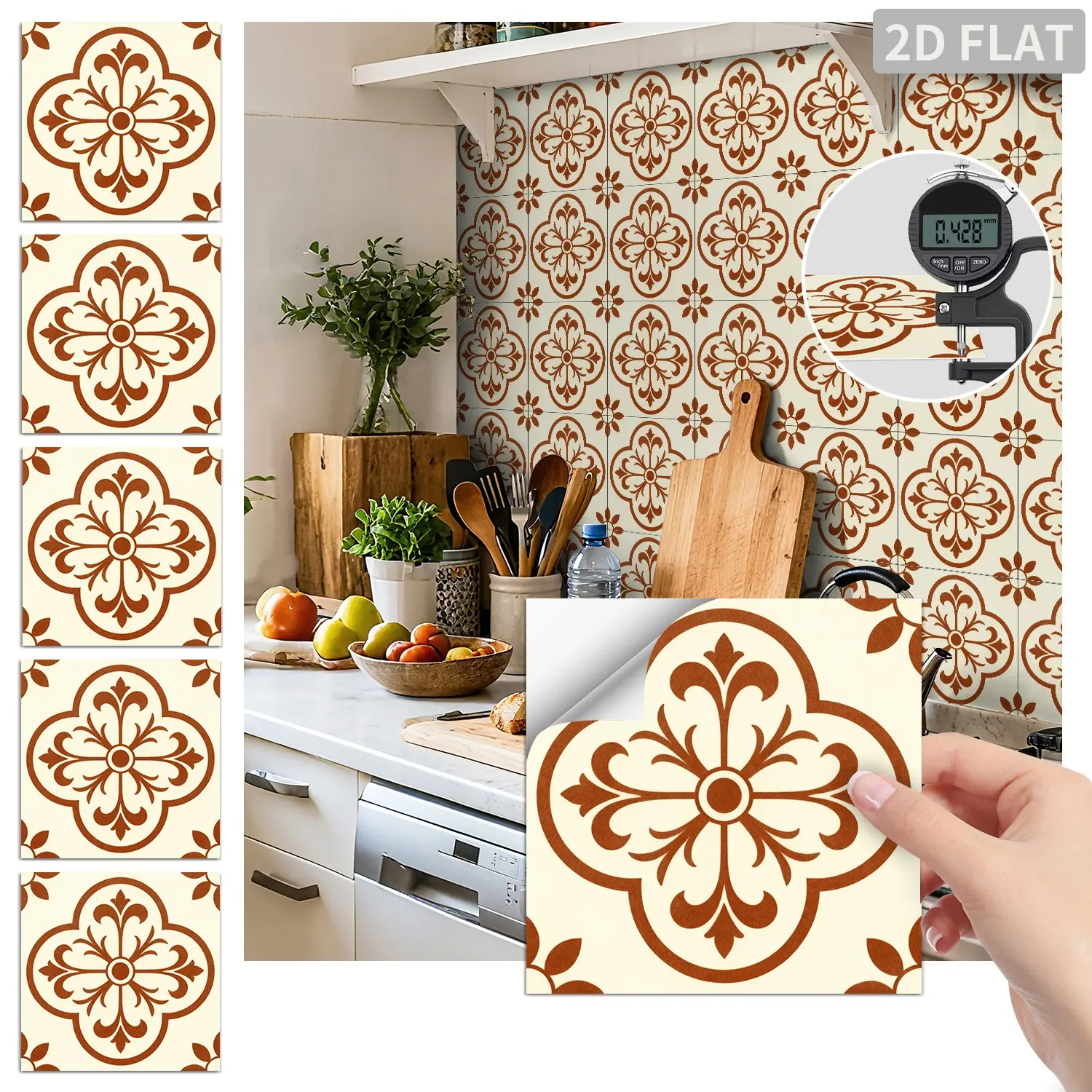 24 PCS/Box FHZ Classic Art Tile, Caramel Vintage Flower Pattern, PET Matte Peel and Stick Backsplash. Self-adhesive, removable, waterproof, oil-proof and stain-proof. Ideal for kitchen, bathroom, bedroom, office, furniture and stairs.