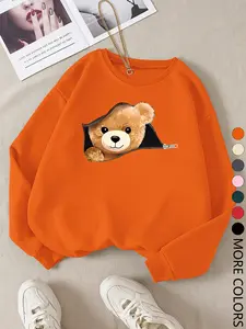 New Casual Creative Graphic Prints Cartoon Bear Animal Pocket Sweatshirt, Teen Girls Sportswear, Women Daily Wear, Fashion Comfortable Fitted Long Sleeve Pullover