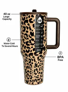 HydroJug 40oz Stainless Steel Insulated Mug with Trendy Leopard Print (Includes Handle and Flip-Top Straw) – Fits Car Cup Holder; Non-Slip Bottom, Ideal for Commuting, Office, Outdoor Activities, and School Use
