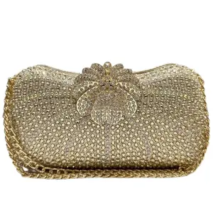 Women's Gold Rhinestone Clutch Bag Beaded Evening Handbag Banquet Shoulder Bag with Metal Chain for Wedding Prom Party