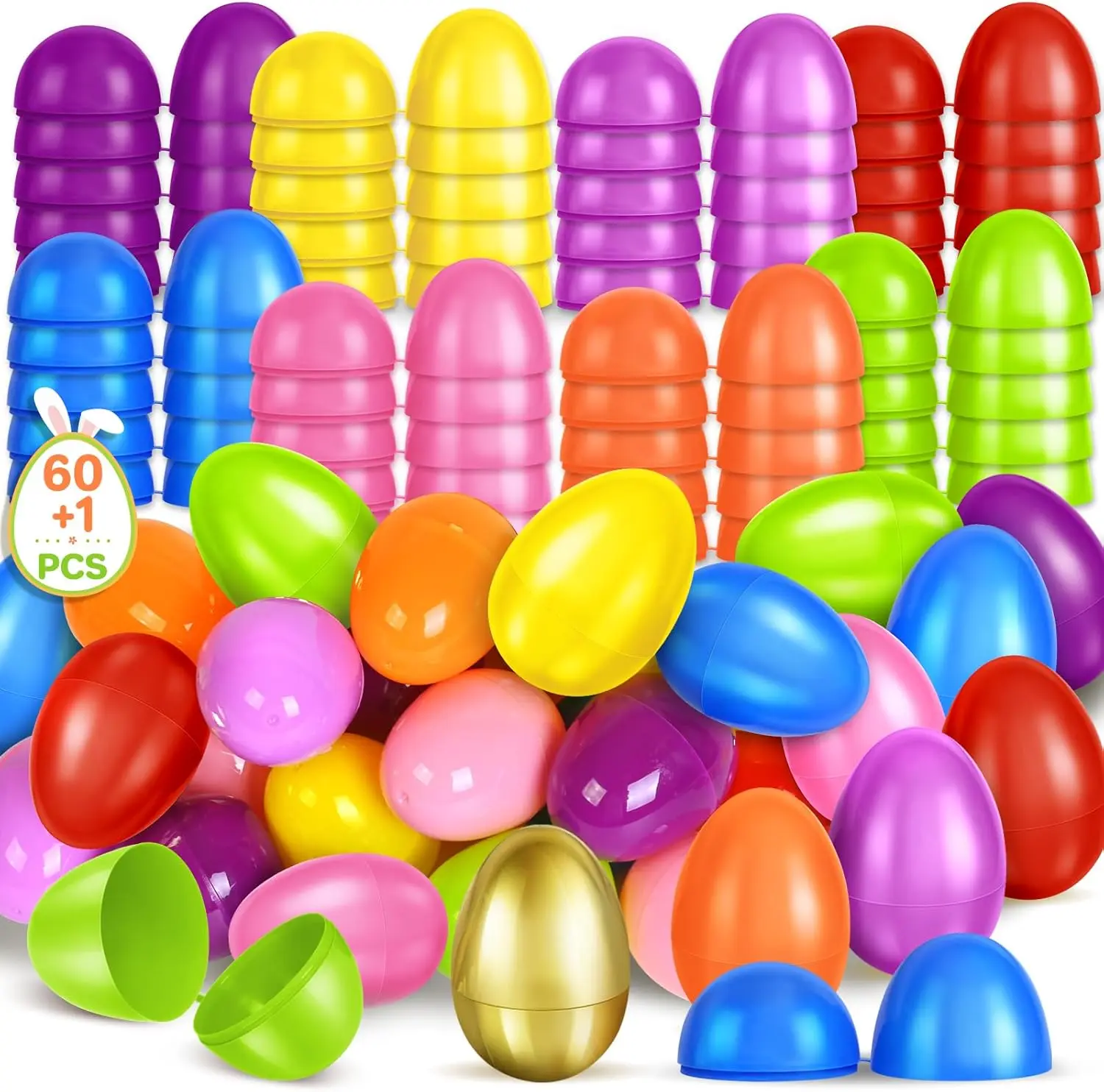 60 Colorful Empty Fillable Plastic Eggs with 1 Gilded Egg, Capsule Toys for Easter Decorations, Kids Easter Gifts, Fill with Candy Treats Presents for Boys & Girls