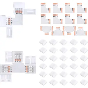 42Pcs 4 Pin LED Strip Connectors Kit for 10mm Wide 5050 RGB LED Strip Light, Includes L/T Shaped Connectors & 30 Solderless Clips, Easy for DIY Lighting Projects