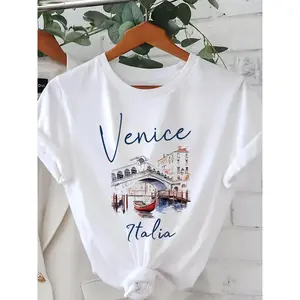 Venice Italy Graphic Print Womens T-Shirt Casual Short Sleeve Round Neck Summer Top Vintage Travel Inspired Gift For Her Trendy Streetwear