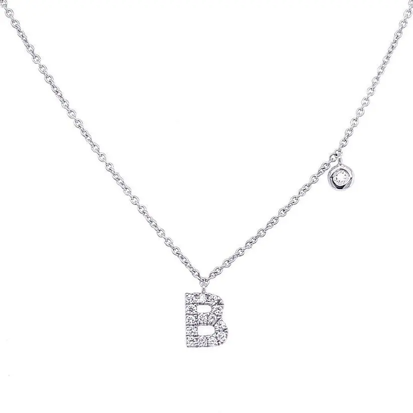 Initial Necklace Letter B with Diamond – 14k White Gold