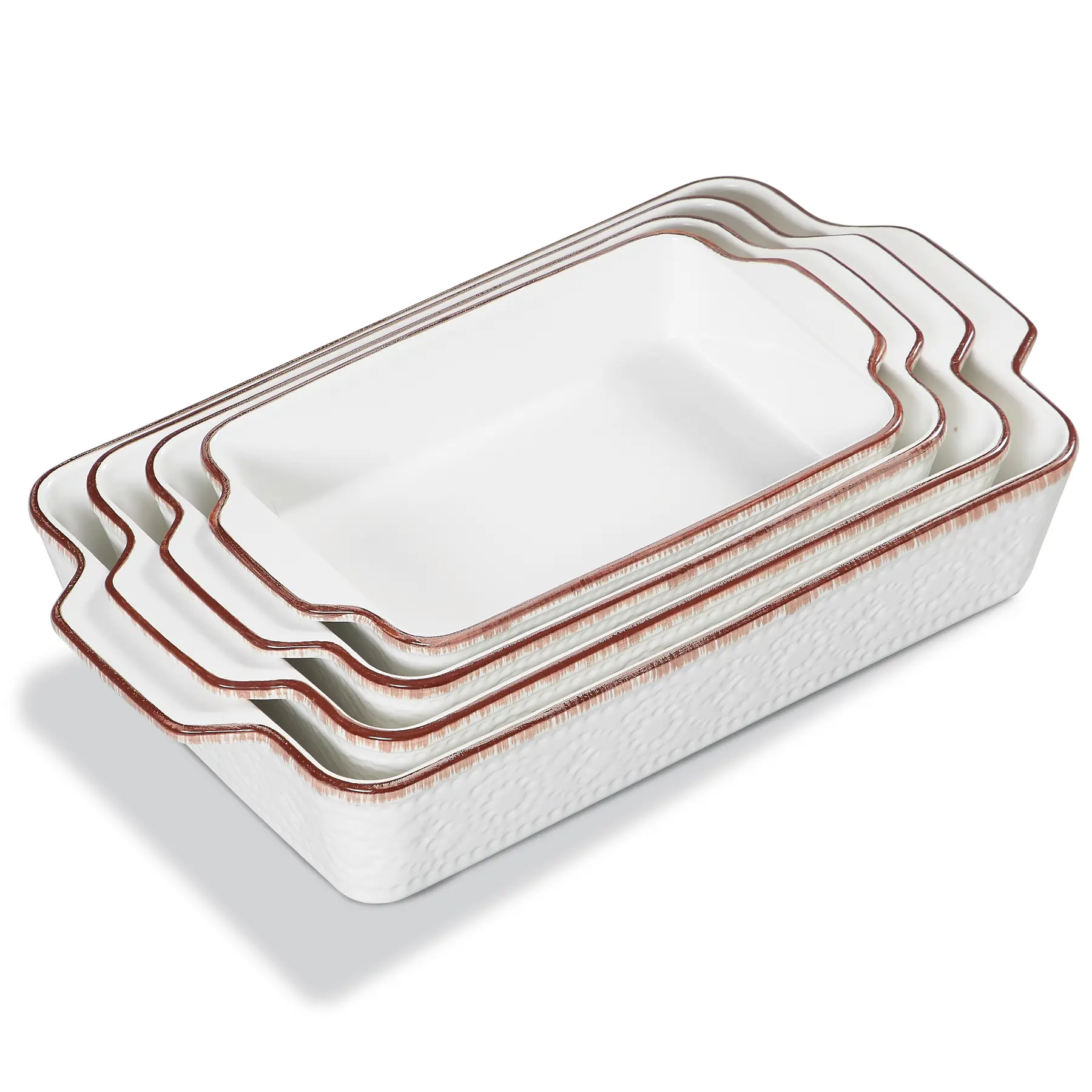 ONEMORE Thick Sturdy Ceramic Casserole Dish Set (4-Piece Rectangular Kitchenware), Non-Stick Oven-Safe Lasagna Pans with Handles, Microwave & Dishwasher Safe (3.8/2.6/1.7/1.1 Qt, White 01) for Baking, Roasting