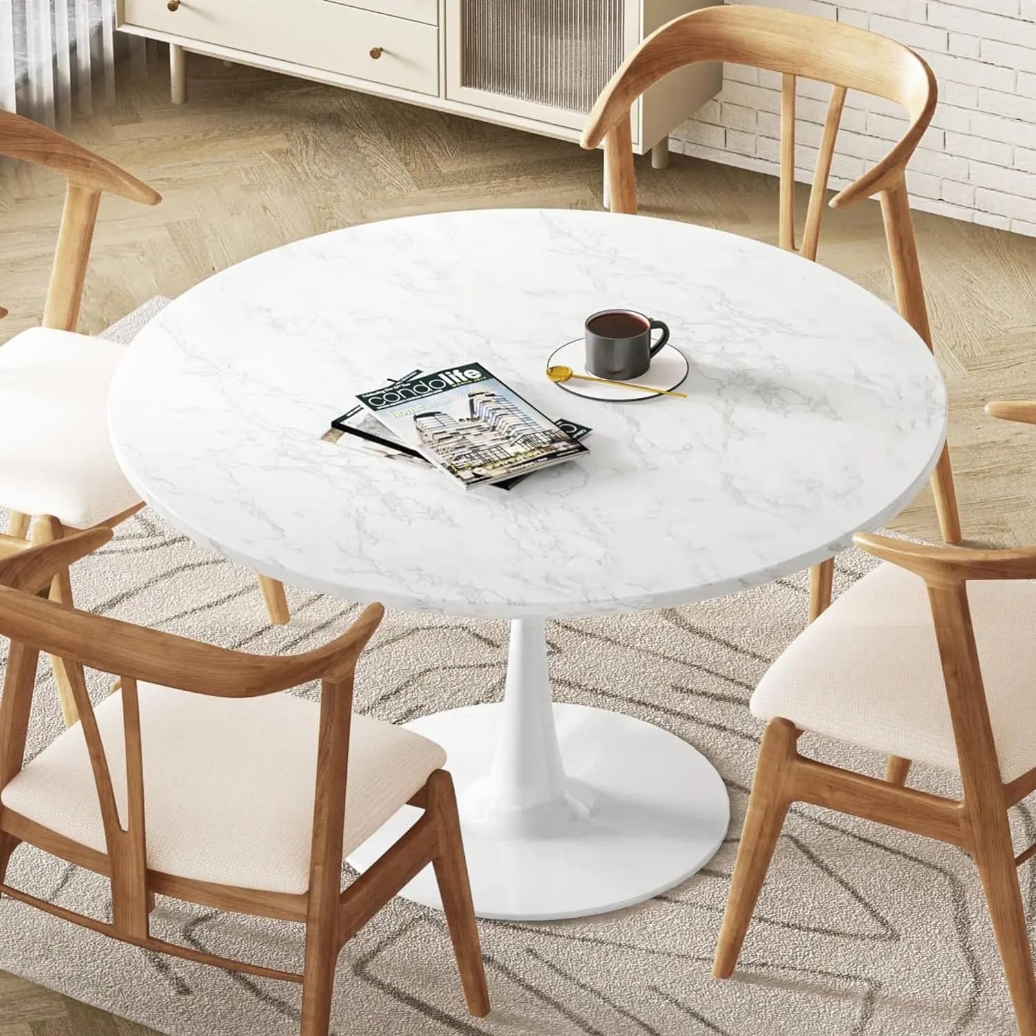 AWQM White Marble Round Dining Table - 31.5" Tulip Table for 2-4 People, MDF Top & Pedestal Base, Mid-Century Design for Kitchen,Living Room,or Office