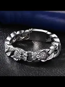 Men's High-End Braided Bracelet, Trendy Dual Leopard Head Design, Bold Personalized Vintage Handmade Jewelry, Unique Original Style