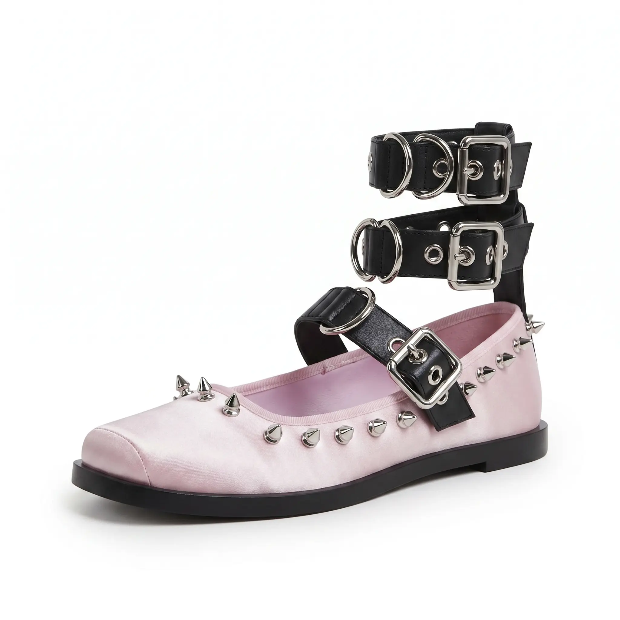Pre Order Custom Made Satin Spiked Flat Mary Jane Flats with Multi Black Buckle Ankle Straps, Women Gothic Punk Contrast Strap Closed Toe Casual Ballet Shoes