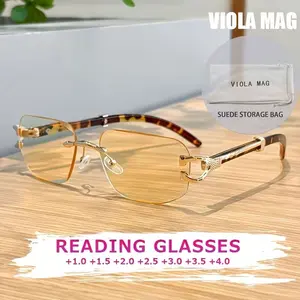New Men's and Women's Fashion Retro Square Frameless Leopard-Eyed Yellow Reading Glasses - Elegant, Artsy, and Minimalist PC Material, +1.0 to +4.0 Prescription, Lightweight and Durable, Suitable for Daily Use, Includes a Goggle Bag