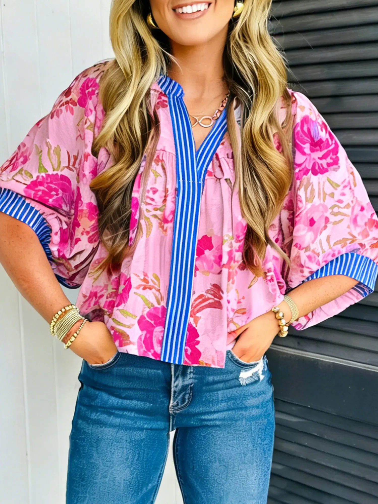 Women's Bohemian Floral Print V-Neck Blouse, Lightweight Viscose with Flowy Half Sleeves and Striped Trim for Comfy Casual Wear, Women's Clothes, Aesthetic Blouses & Shirts, Dressy Casual Tops, Billowing Blouses & Shirts