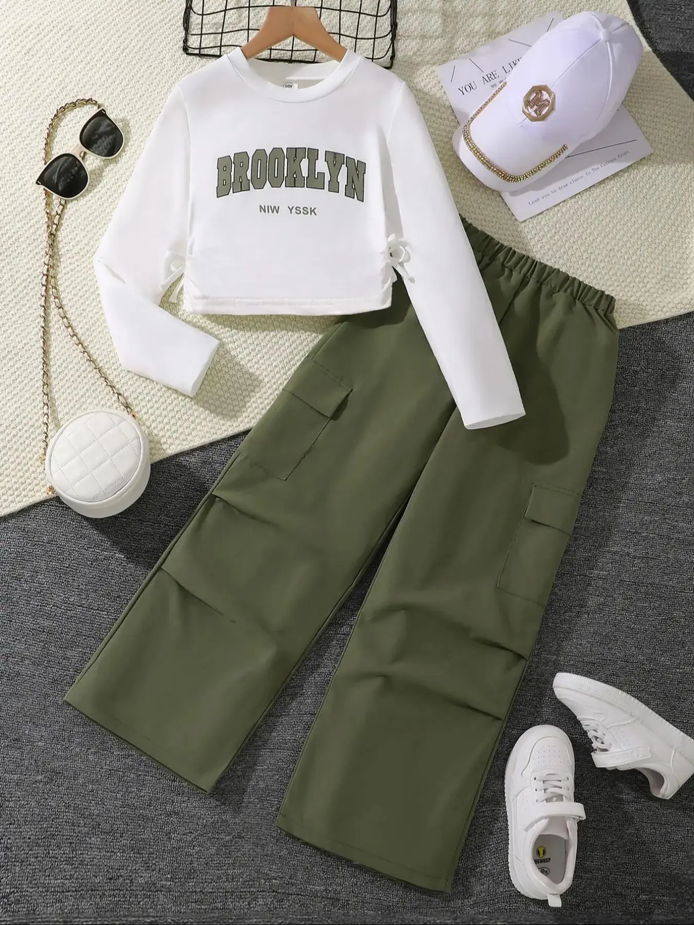 2026 Girls' Set with Letter Print Long-Sleeve Shirt and Cargo Pants in Army Style, Girls' School Clothes, Casual for Autumn and Winter, Slim Fit, Woven, Everyday Wear, Casual Outfit Set, Clothing Set