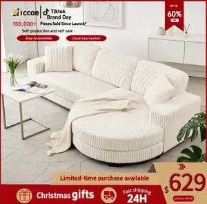 【Sub 3 packages】Niccae Modern Floor Sofa with 2 Pillows, Convertible Teddy Fabric Foam Filled Sleeper Sofa, Corduroy Tufted Upholstered Lounger, L-Shaped Modular Sectional with Ottoman, Left & Right Placement, Home Office Living Room Bedroom Apartment