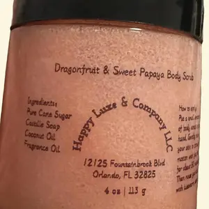 Happy Luxe & Company Dragonfruit & Sweet Papaya Body Scrub 4 oz 113g Exfoliating Sugar Scrub for All Skin Types US Made