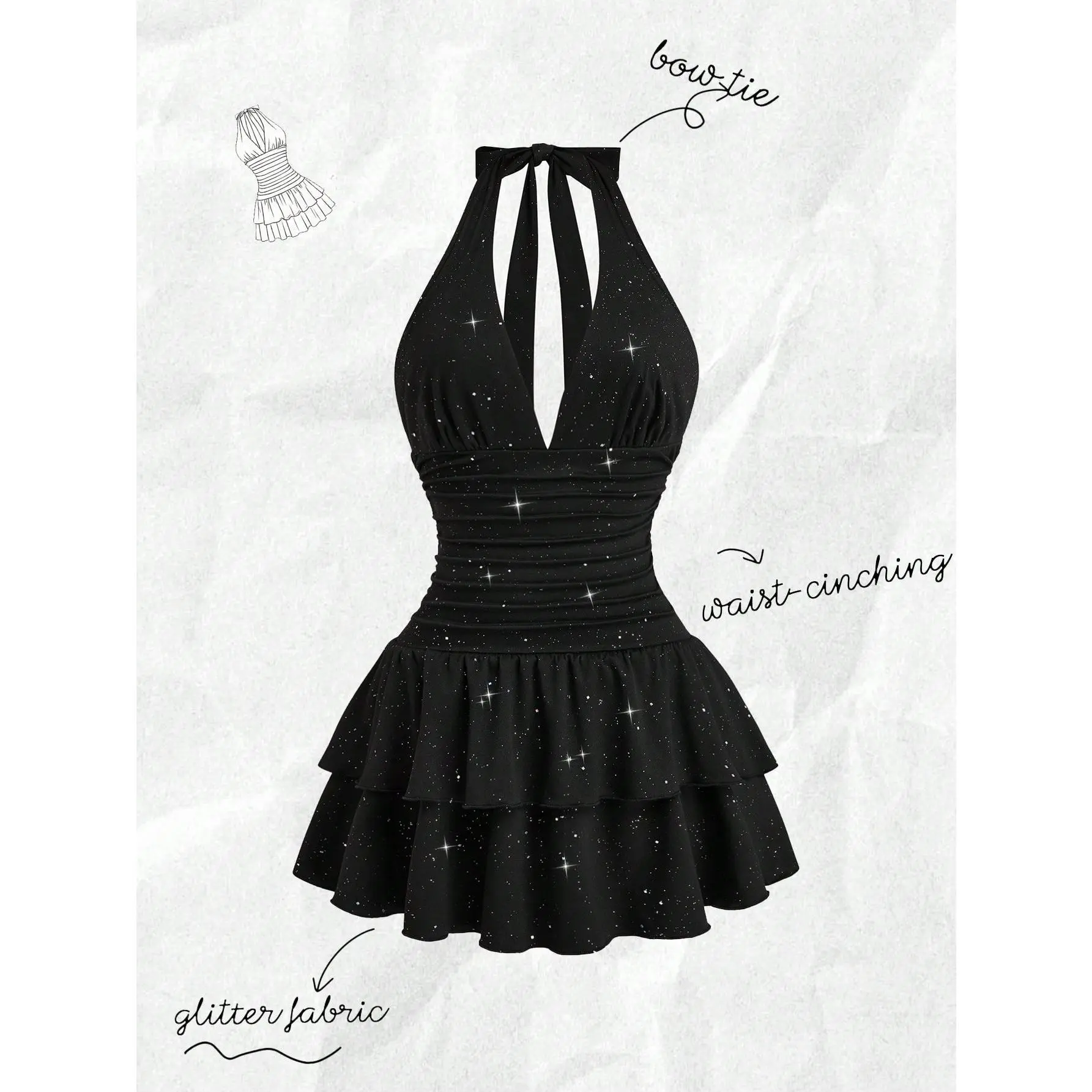 Women's Casual Glossy Dress with a Feminine Halter Neck, Adjustable Tie Waist, and Double Ruffle Hem Style, Comfort, Breathable, Sleeveless, Evening, Belted, Going Out Outfit, Chic, Low Iron