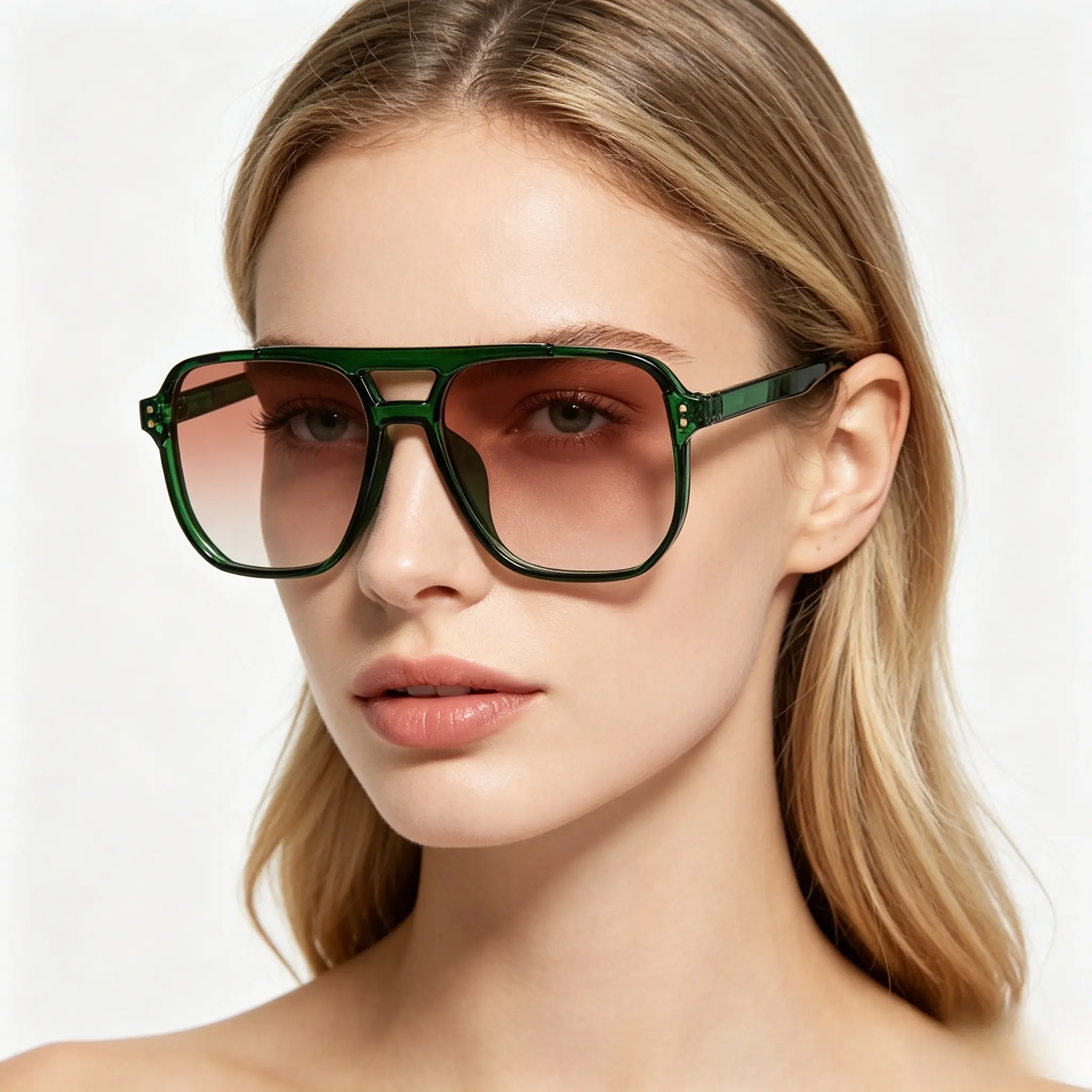 Aviator Sunglasses for Women, 1970s Retro Oversized Square Statement Frame in Transparent Green, Lightweight with UV400 Gradient Lenses, Statement Frame Glasses, Dating, Double-Bridge, 1970S Classic Women's Sunglasses, Casual