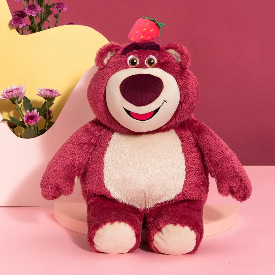 MINISO Officially Licensed Disney Lotso Strawberry Plush Toy, Toy Story Cute Sitting Lotso Bear Stuffed Animal, Soft Fluffy Plush Doll, Bedroom Decor Gift for Toy Story Fans Teens Girls